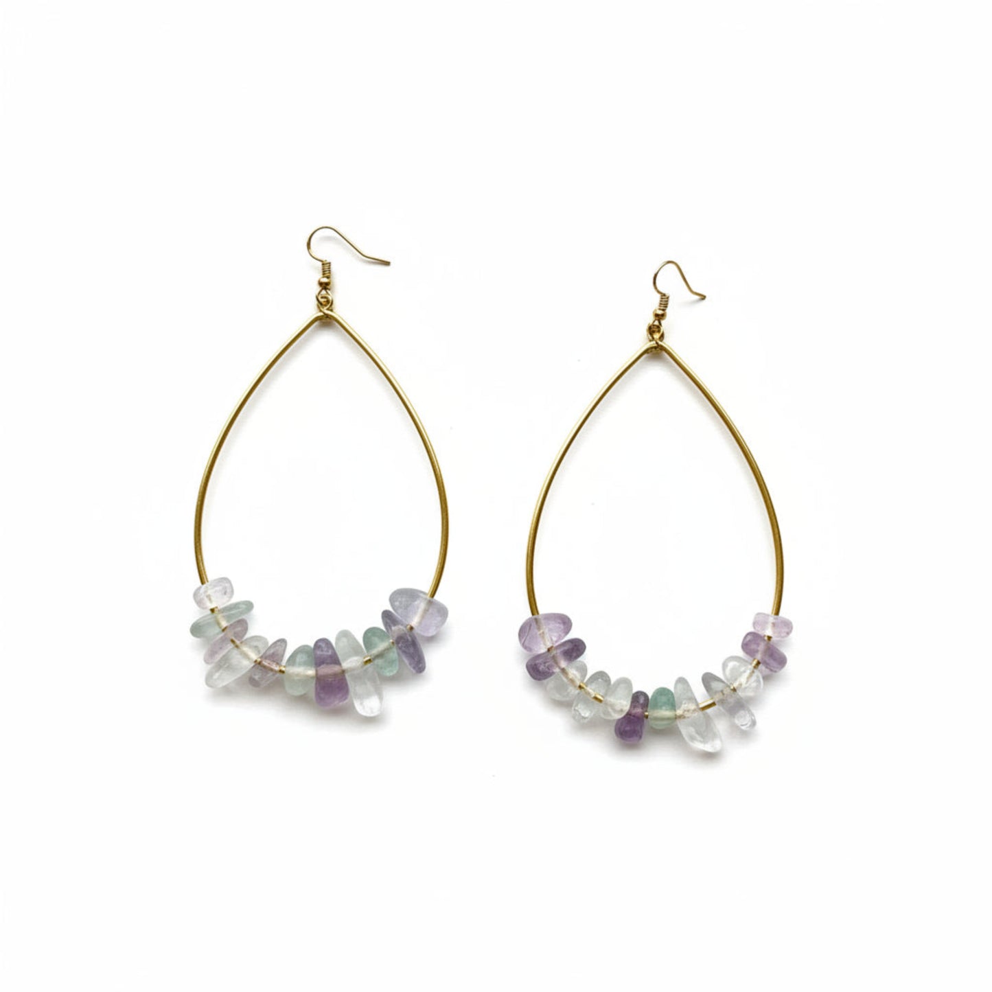 Multicolor Fluorite Teardrop Hoop Earrings – Purple, Green, and Clear Gemstones on Handmade Hammered Brass