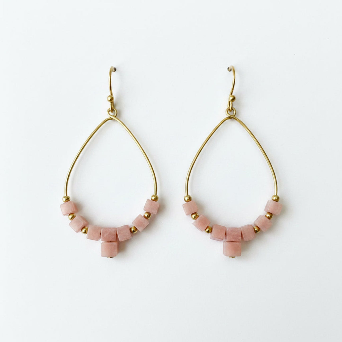Pink and Gold Teardrop Earrings with Natural Pink Opal Cube Beads, Handmade Hammered Brass Jewelry