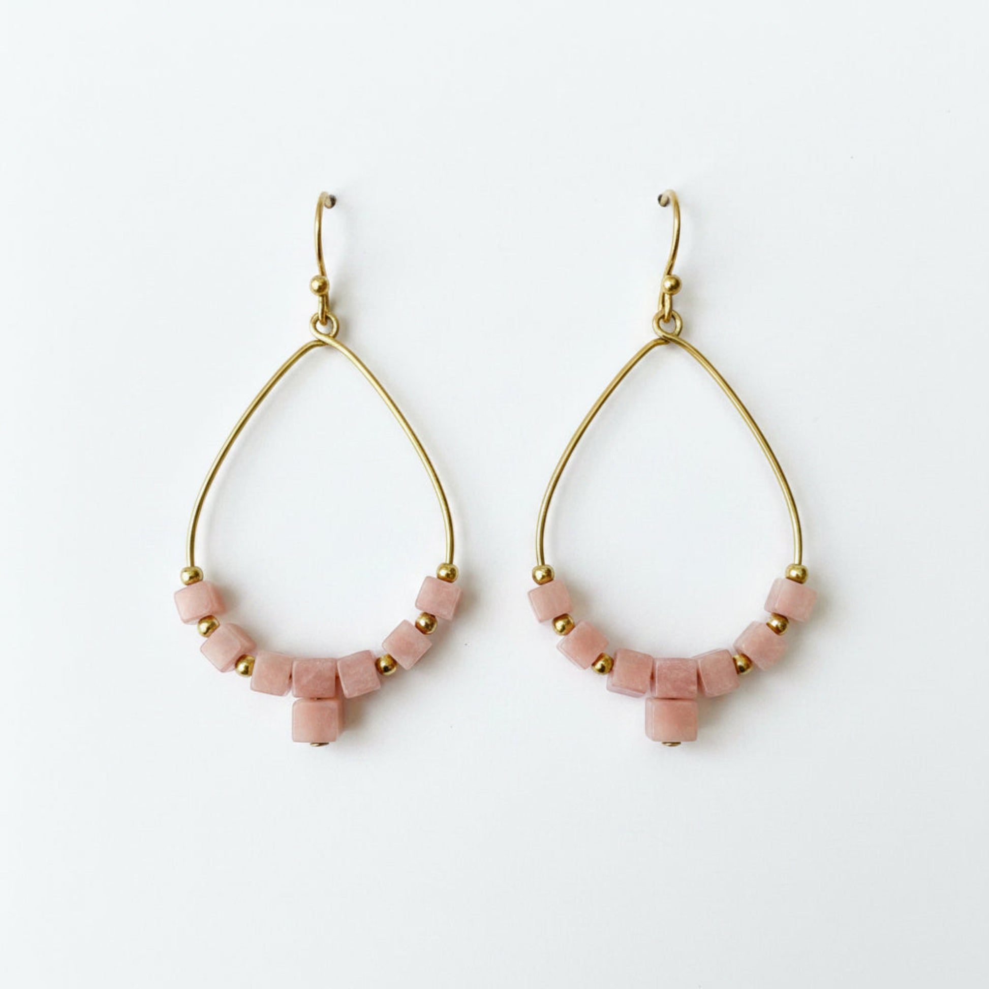 Pink and Gold Teardrop Earrings with Natural Pink Opal Cube Beads, Handmade Hammered Brass Jewelry