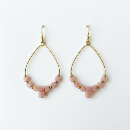 Pink and Gold Teardrop Earrings with Natural Pink Opal Cube Beads, Handmade Hammered Brass Jewelry