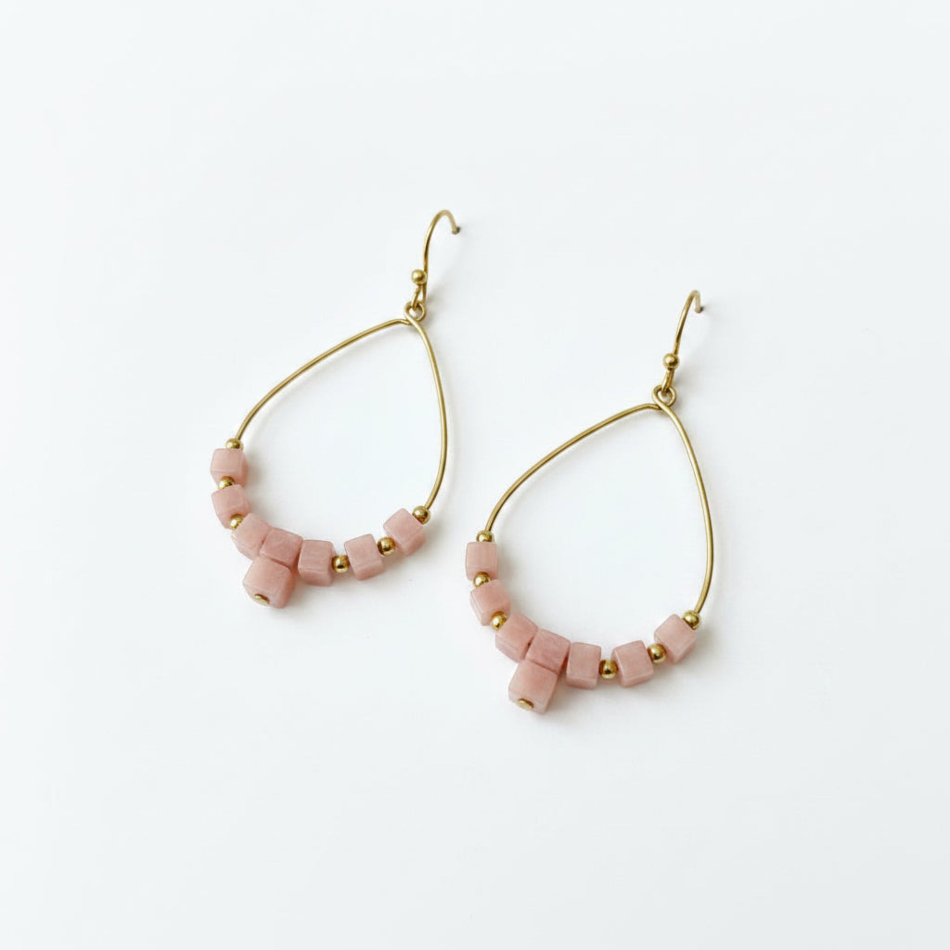 Pink and Gold Teardrop Earrings with Natural Pink Opal Cube Beads, Handmade Hammered Brass Jewelry