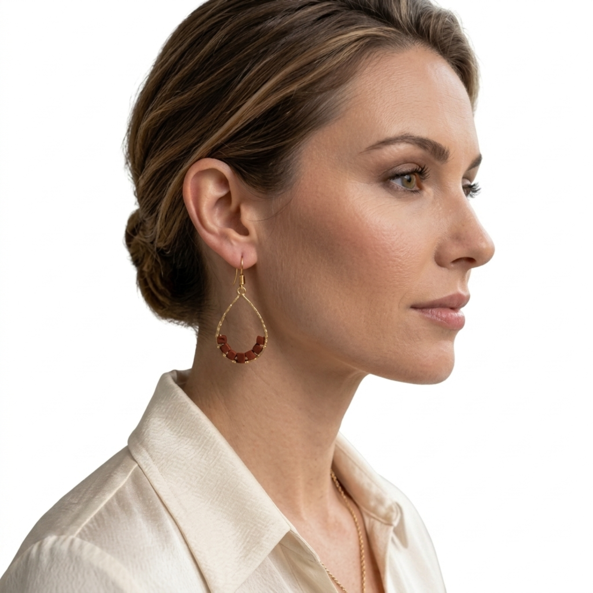 Red Jasper Teardrop Hoop Earrings, Handmade Hammered Brass Hoops with Red Cube Gemstones
