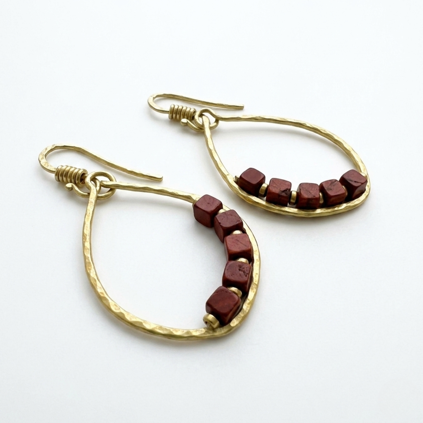 Red Jasper Teardrop Hoop Earrings, Handmade Hammered Brass Hoops with Red Cube Gemstones