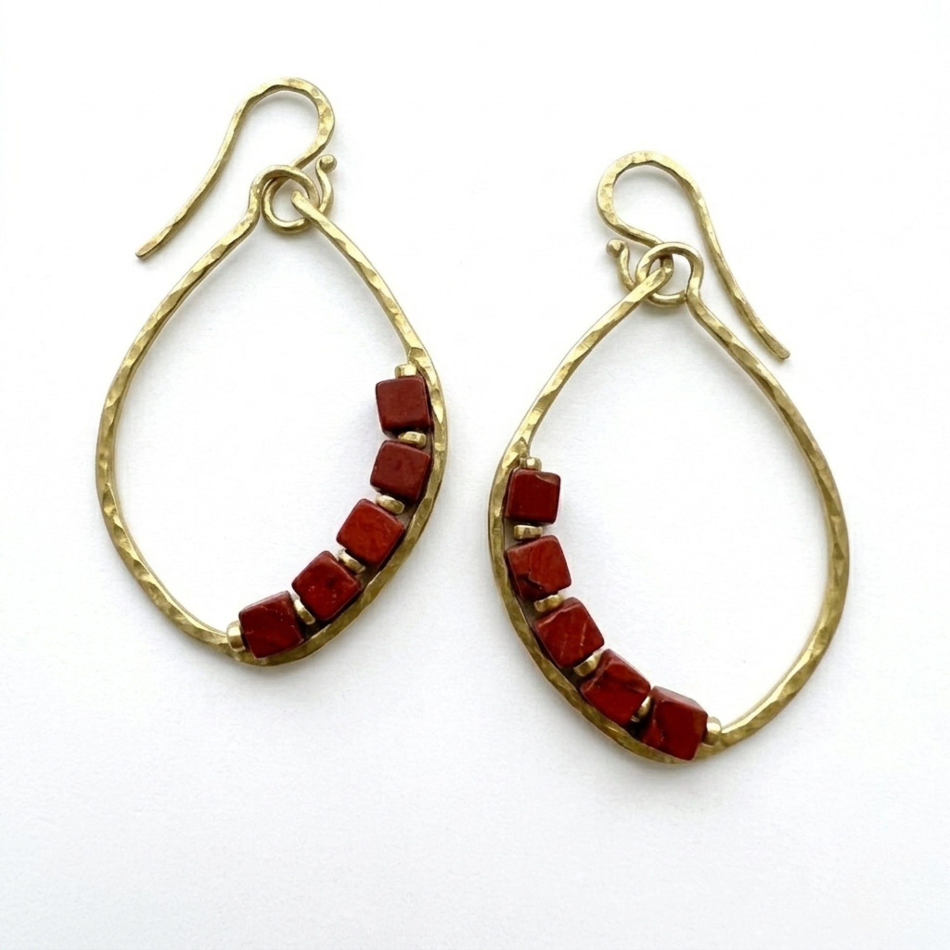 Red Jasper Teardrop Hoop Earrings, Handmade Hammered Brass Hoops with Red Cube Gemstones