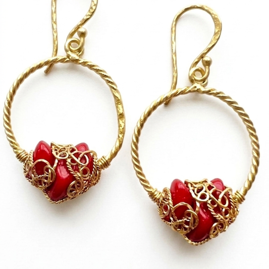 Red Vintage Coral Hoop Earrings - Gold Hammered Brass Creoles with Repurposed Beads