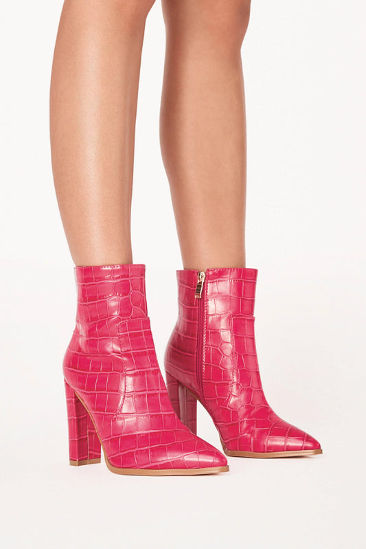 Croc-Effect Mid-Block Heel Ankle Boot