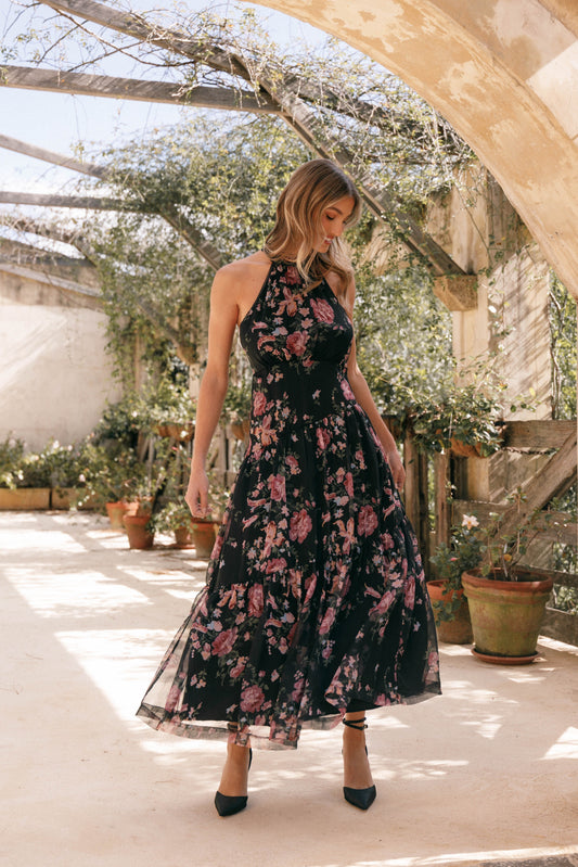 Halter-Tiered Floral Maxi Dress