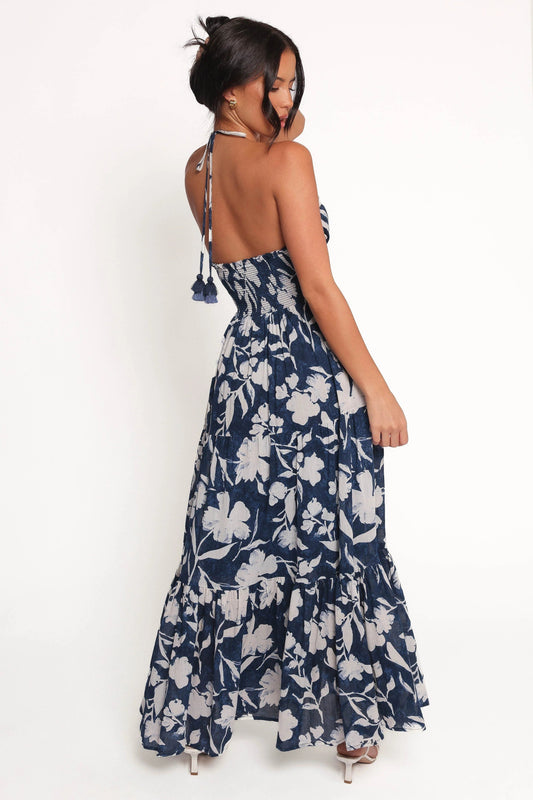 Halter V-Neck Shirred-Waist Maxi Dress