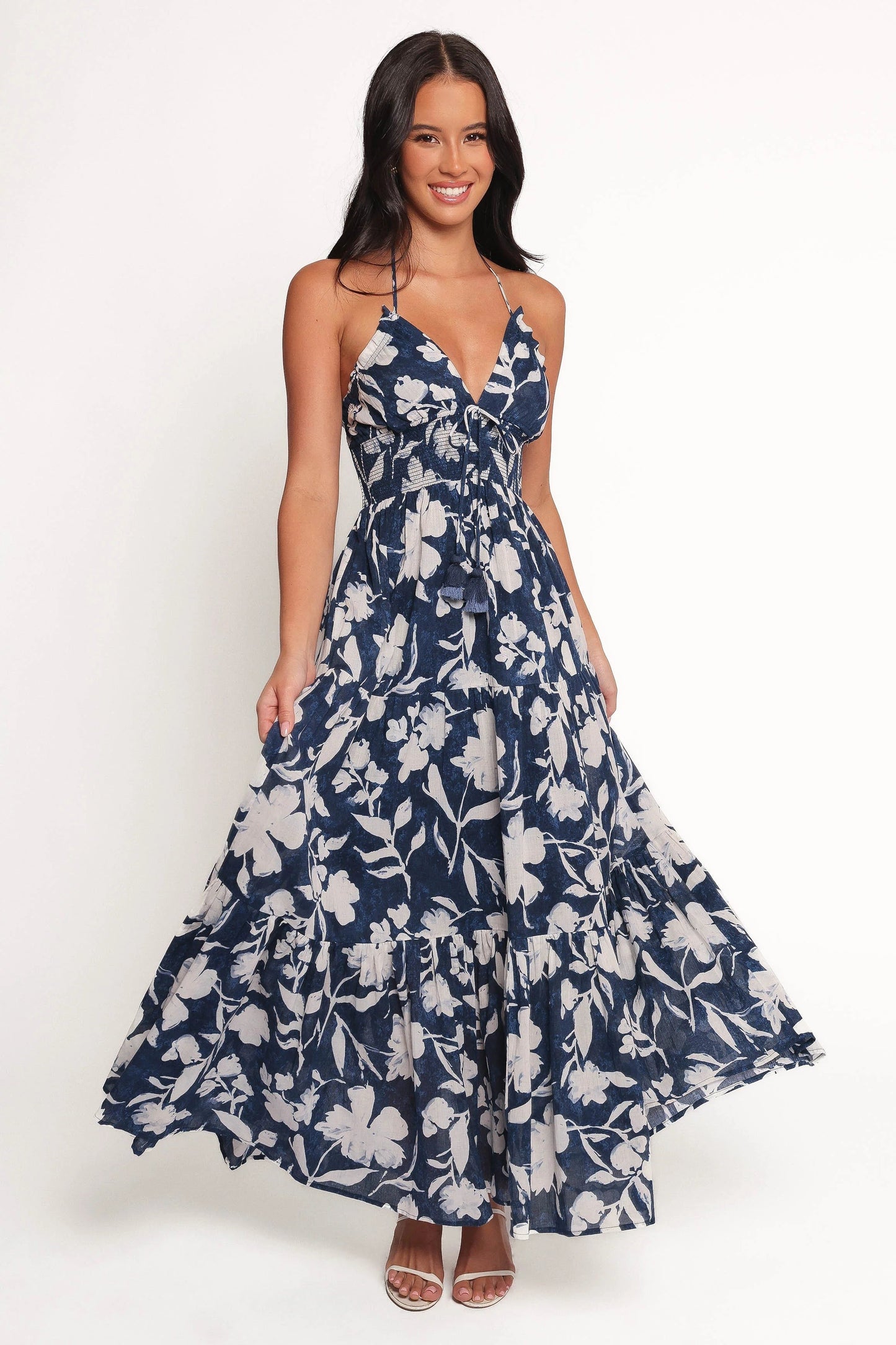 Halter V-Neck Shirred-Waist Maxi Dress