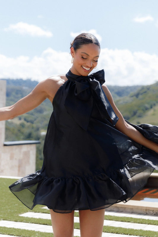 High-Neck Bow-Detail Organza Mini Dress
