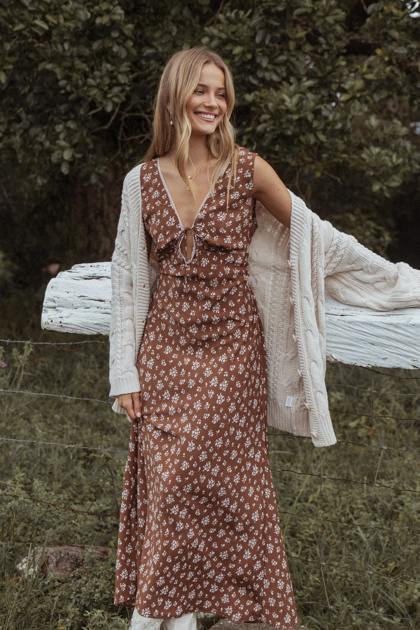 Lace-Trimmed Floral Maxi Dress