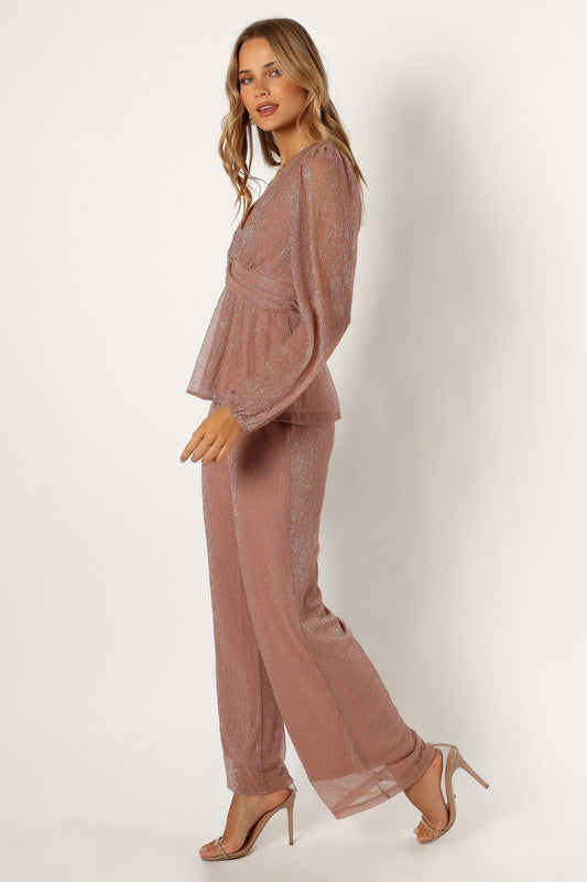 Plissé Satin High-Waist Wide Leg Pants