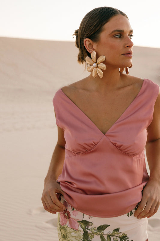 Satin-Sheen Cropped V-Neck Top