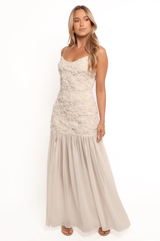 Textured-Rose Front-Slit Maxi Dress