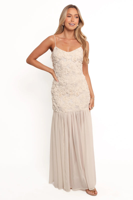 Textured-Rose Front-Slit Maxi Dress