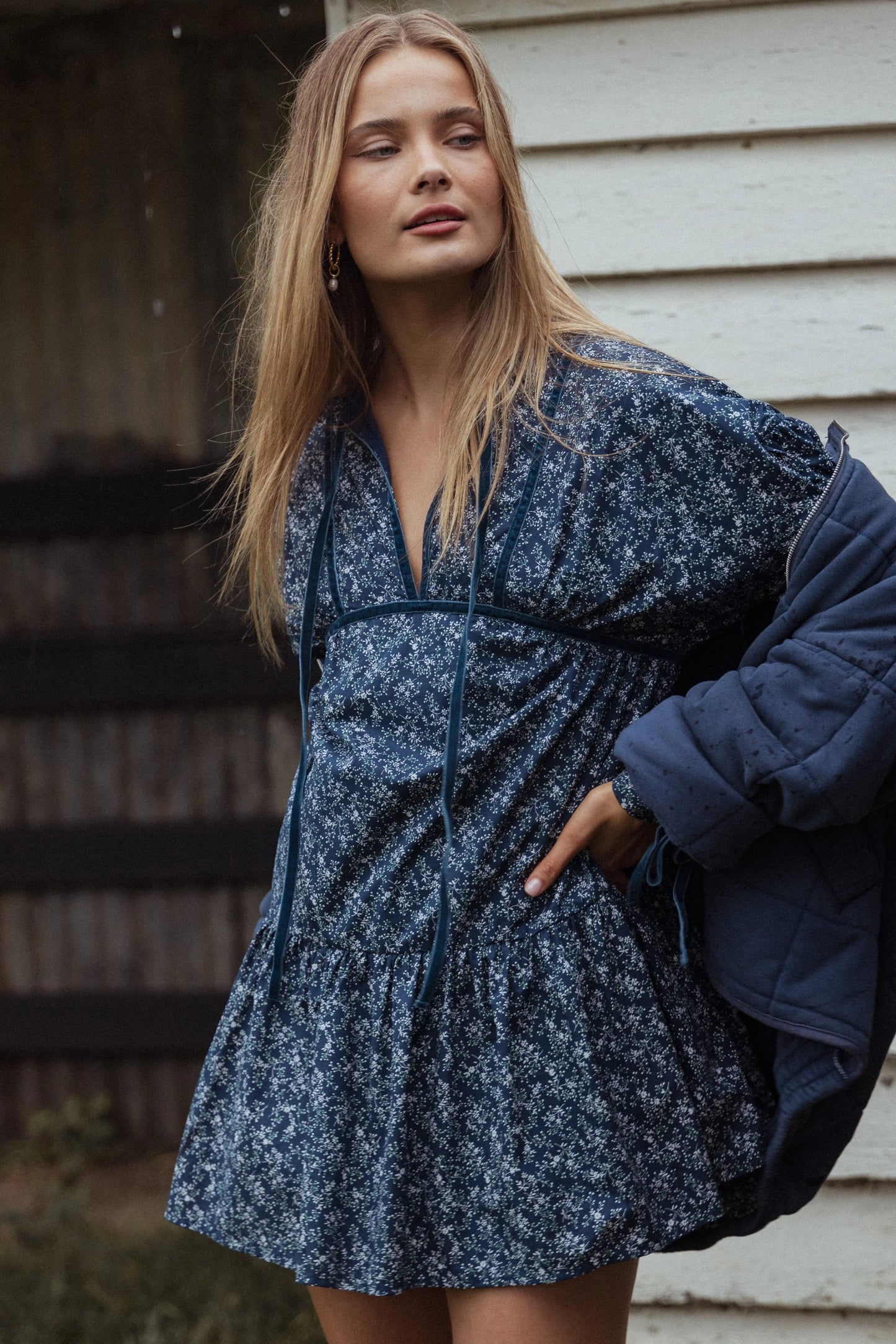 Velvet-Trim Cutout Mini Dress