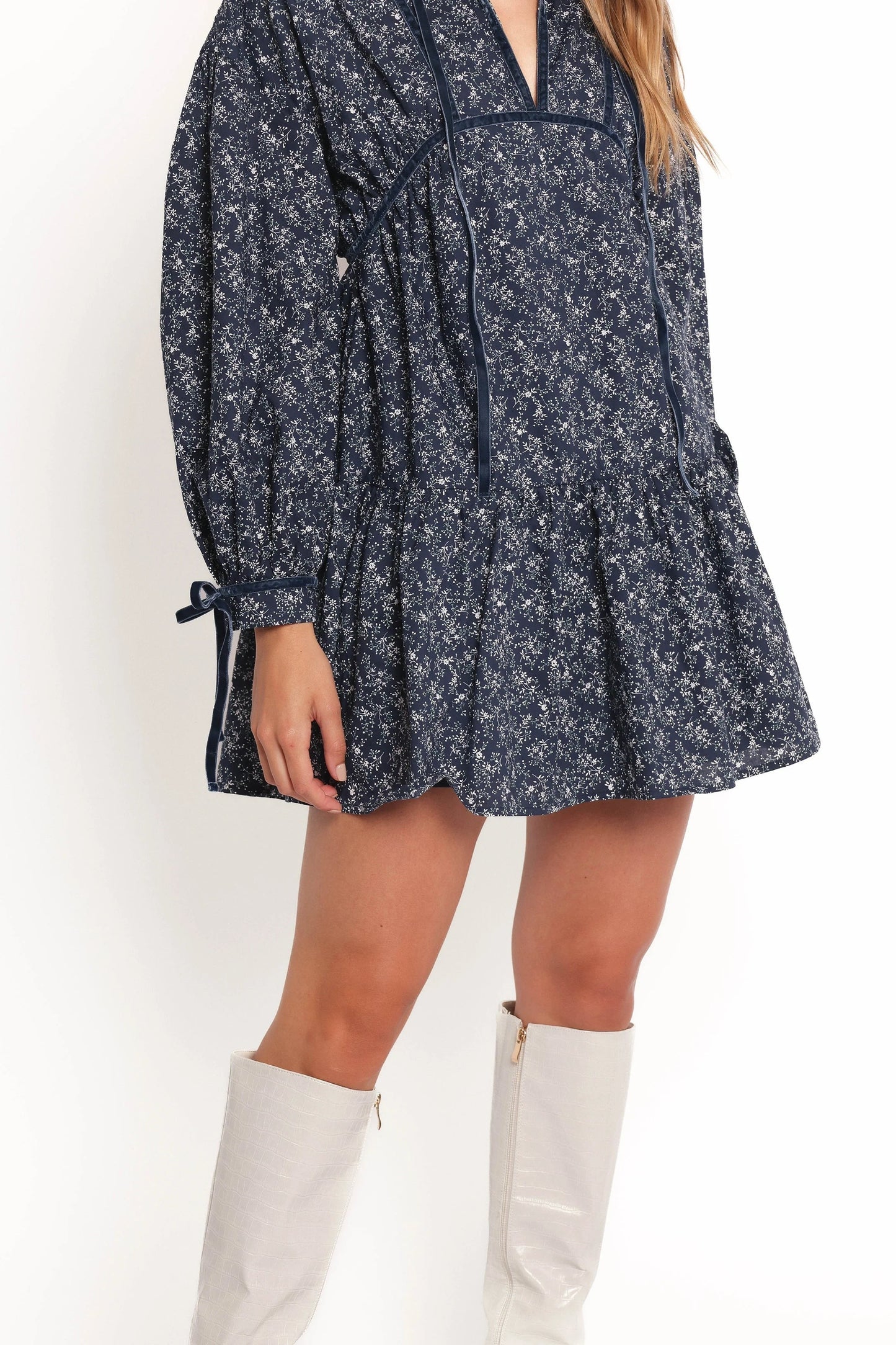 Velvet-Trim Cutout Mini Dress